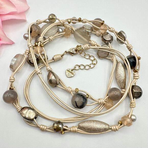 Nakamol Knotted Pearlized Leather Glass Bead Necklace Gray Tones Neutral Boho - Picture 1 of 14